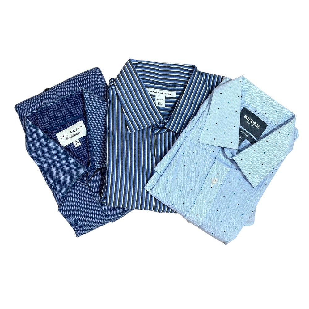 Lot of 3 Button Up Dress Shirts Mens Large Blue 100% Cotton Long‎ Sleeves